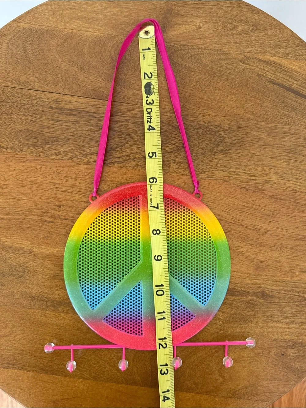 Rainbow Peace Sign Earring Holder/ Necklace Holder, Hanging with Pink Strap